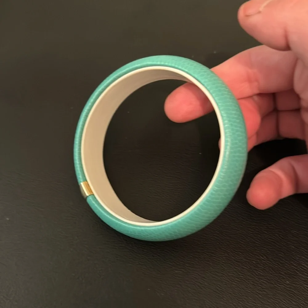 Vintage Plastic Bangle Bracelet, Faux Leather Exterior, Teal, Retro, Boho
